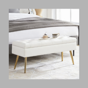 Luxury Luxe White Faux Leather Storage Ottoman Bench – Modern Tufted Bedroom Bench with Gold Chrome Legs for End of Bed or Entryway, Easy Assembly, Holds 300 lbs