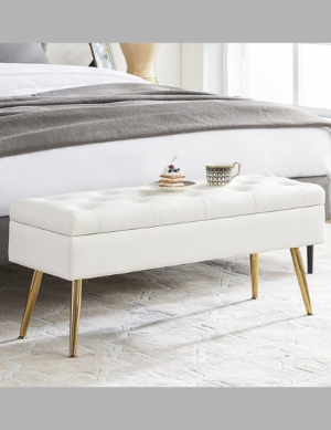 Luxury Luxe White Faux Leather Storage Ottoman Bench – Modern Tufted Bedroom Bench with Gold Chrome Legs for End of Bed or Entryway, Easy Assembly, Holds 300 lbs