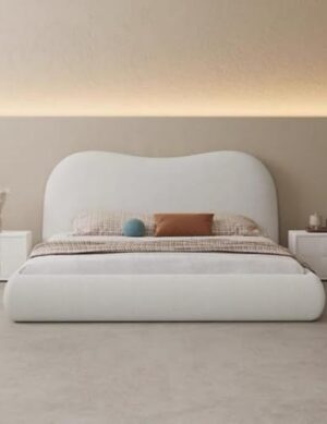 Luxury Luxe Fleece Fabric King Queen Bed Frame with Mattress | Beige Upholstered Platform Bed | Solid Wood Structure | (W120-200xL200 cm)