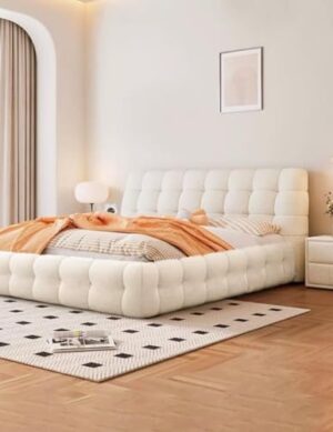 Luxury Luxe Fleece Fabric Wrap Marshmellow Bed Frame - Upholstered Headboard, Solid Wood Structure, (5 Sizes, 3 Colors)