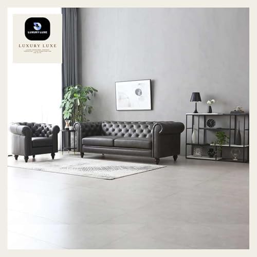 Luxury Luxe Vegan Chesterfield Sofa Set 3-Seater + Armchair, Faux Leather Tufted Couch, Traditional Solid Frame for Living Room & Hotel - Image 9