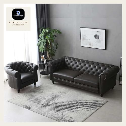 Luxury Luxe Vegan Chesterfield Sofa Set 3-Seater + Armchair, Faux Leather Tufted Couch, Traditional Solid Frame for Living Room & Hotel - Image 7