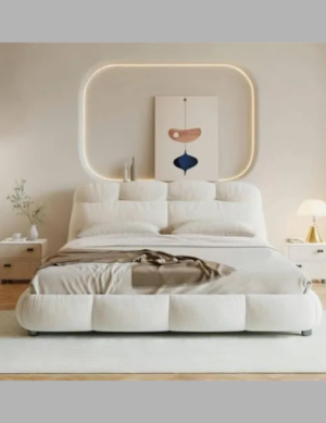 Luxury Luxe Velvet Upholstered King Queen Size Bed Frame with Mattress - Modern Off-White Bedroom Furniture, Suitable for Mattress