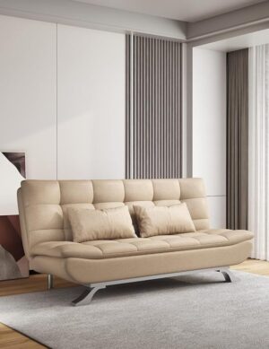 Luxury Luxe Premium Leather Sofa Cum Bed – Convertible Sleeper Couch with 2 Plush Cushions, Space-Saving Folding Design & Sturdy Metal Legs for Modern Living Room (BEIGE)