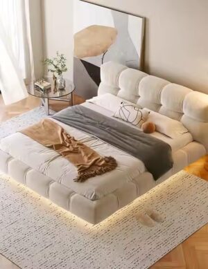 Luxury Luxe Italian Solid Wood King Bed Frame – Minimalist Beige, Premium Craftsmanship, Suitable Mattress for (140x200, 160x200, 180x200, 200x200cm)