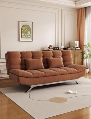 Luxury Luxe Suede Fabric Sofa Cum Bed - Foldable Convertible Sofa Bed with Pillow, Space-Saving Sleeper for Small Spaces, Modern Off White Sofa Bed for Living Room, Apartment & Office