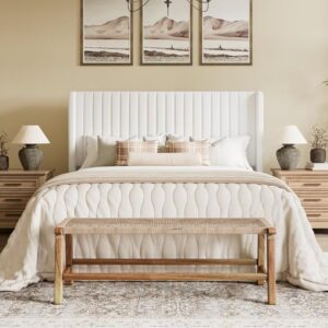 Candler Velvet Upholstered Platform Bed with Wingback Headboard and Wooden Slats