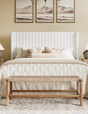 Candler Velvet Upholstered Platform Bed with Wingback Headboard and Wooden Slats
