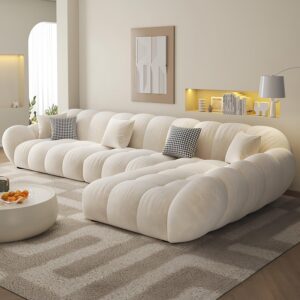 Luxury Luxe L-Shape Fleece Overstuffed Sectional Sofa Set | Off White | Modular Corner Sofa + Single Seater + Footstool for Living Room & Office