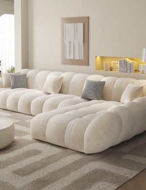 Luxury Luxe L-Shape Fleece Overstuffed Sectional Sofa Set | Off White | Modular Corner Sofa + Single Seater + Footstool for Living Room & Office