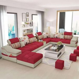 Modern Velvet Sectional Sofa | 5-Seater Designer Furniture | Space-Saving | Luxurious Red Velvet | Multiple Colors Options | Center Table Not Included