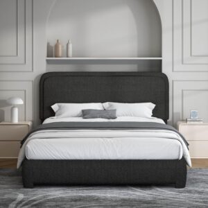 LUXURY LUXE Bensu Boucle Upholstered Platform Bed with Headboard - Queen Size, Modern Low Profile, No Box Spring Needed