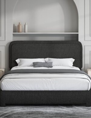LUXURY LUXE Bensu Boucle Upholstered Platform Bed with Headboard - Queen Size, Modern Low Profile, No Box Spring Needed