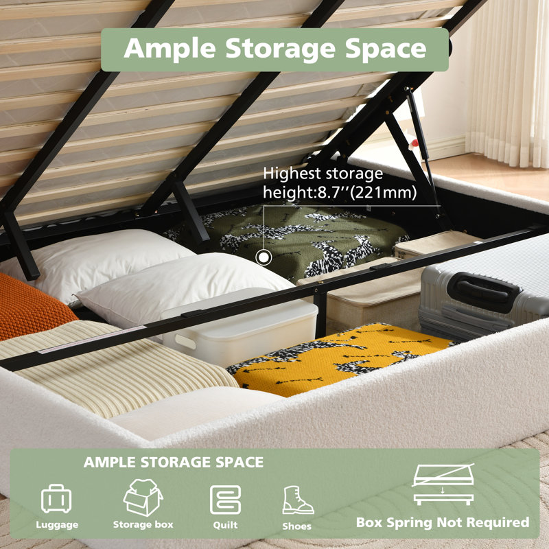 Boucle Upholstered Platform Bed with Lift Up Storage - Curved Headboard Bed Frame | Bedframe with Storage | Headboard Storage Bed - Image 6