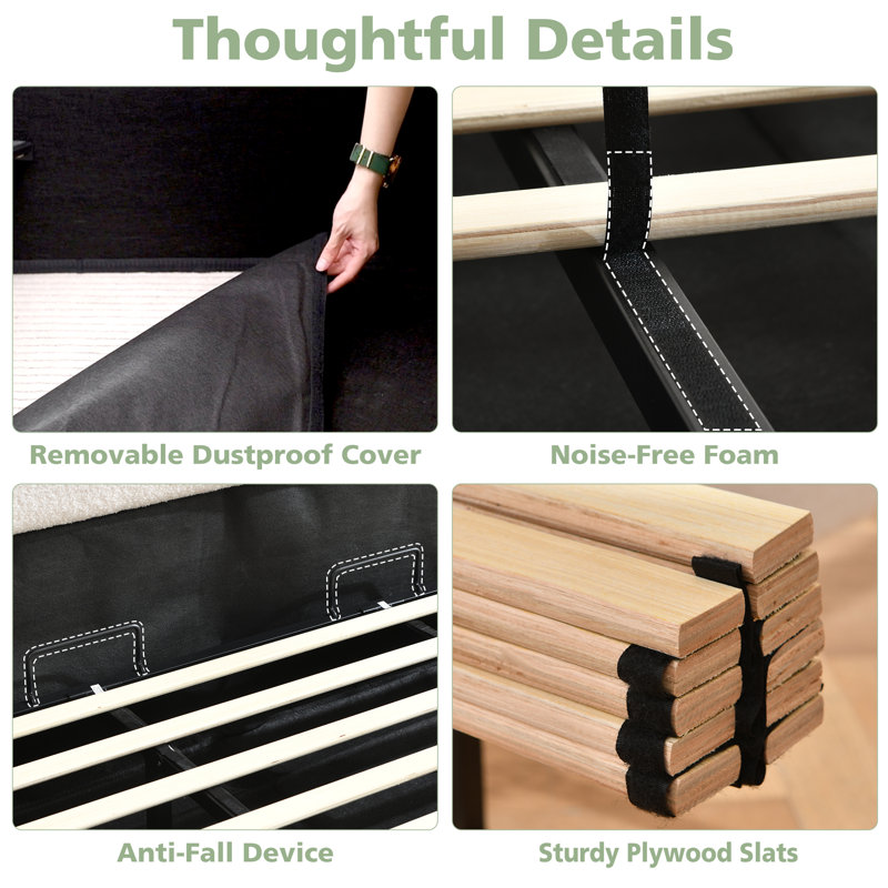 Boucle Upholstered Platform Bed with Lift Up Storage - Curved Headboard Bed Frame | Bedframe with Storage | Headboard Storage Bed - Image 7