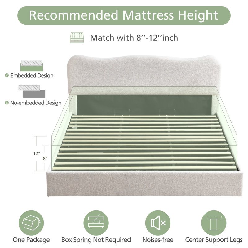 Boucle Upholstered Platform Bed with Lift Up Storage - Curved Headboard Bed Frame | Bedframe with Storage | Headboard Storage Bed - Image 3