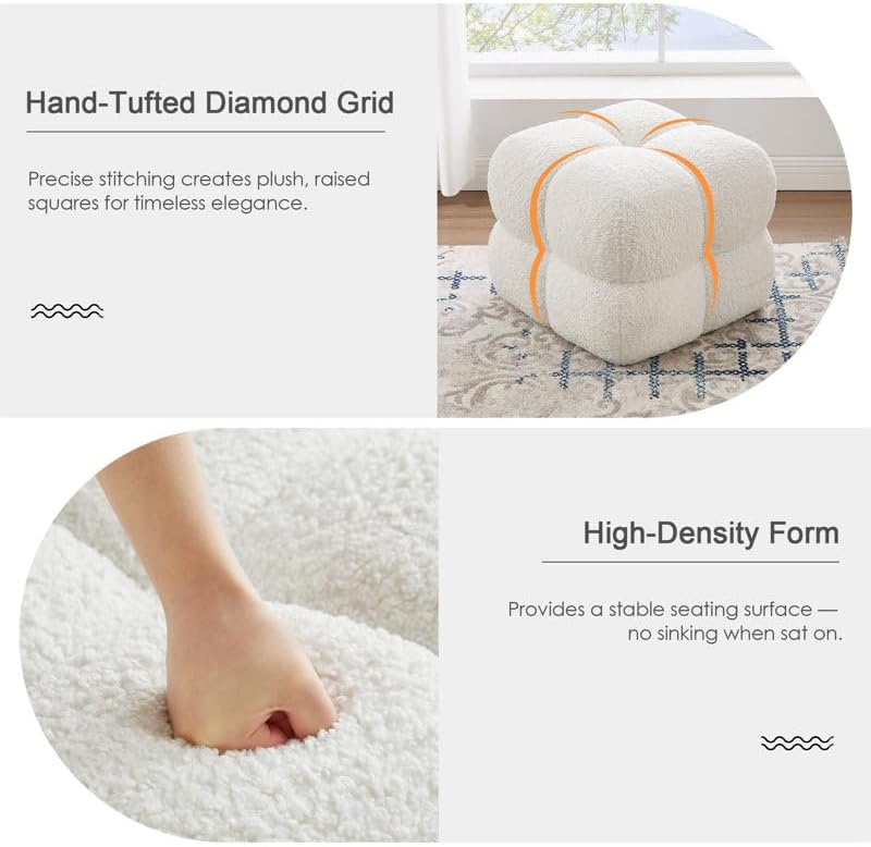 53cm Square Tufted Footstool Ottoman, Plush Teddy/Sherpa Upholstery, Firm Foam Seat, Ready-to-Use Accent Stool for Living Room Bedroom - Image 6