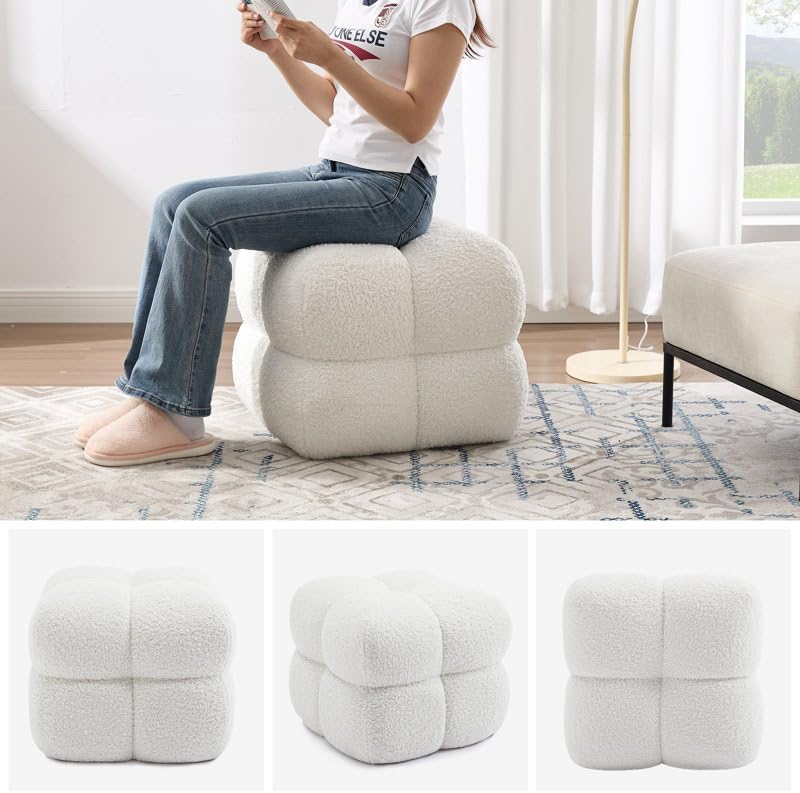 53cm Square Tufted Footstool Ottoman, Plush Teddy/Sherpa Upholstery, Firm Foam Seat, Ready-to-Use Accent Stool for Living Room Bedroom - Image 5