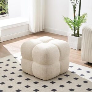53cm Square Tufted Footstool Ottoman, Plush Teddy/Sherpa Upholstery, Firm Foam Seat, Ready-to-Use Accent Stool for Living Room Bedroom