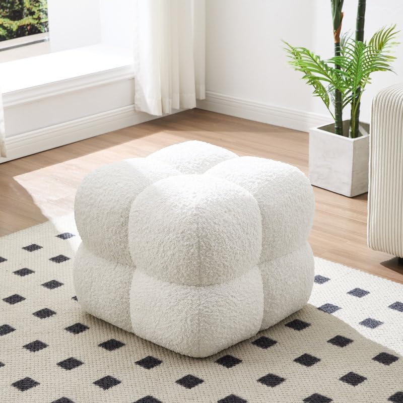 53cm Square Tufted Footstool Ottoman, Plush Teddy/Sherpa Upholstery, Firm Foam Seat, Ready-to-Use Accent Stool for Living Room Bedroom - Image 8