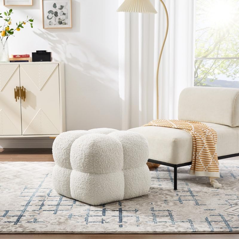 53cm Square Tufted Footstool Ottoman, Plush Teddy/Sherpa Upholstery, Firm Foam Seat, Ready-to-Use Accent Stool for Living Room Bedroom - Image 7