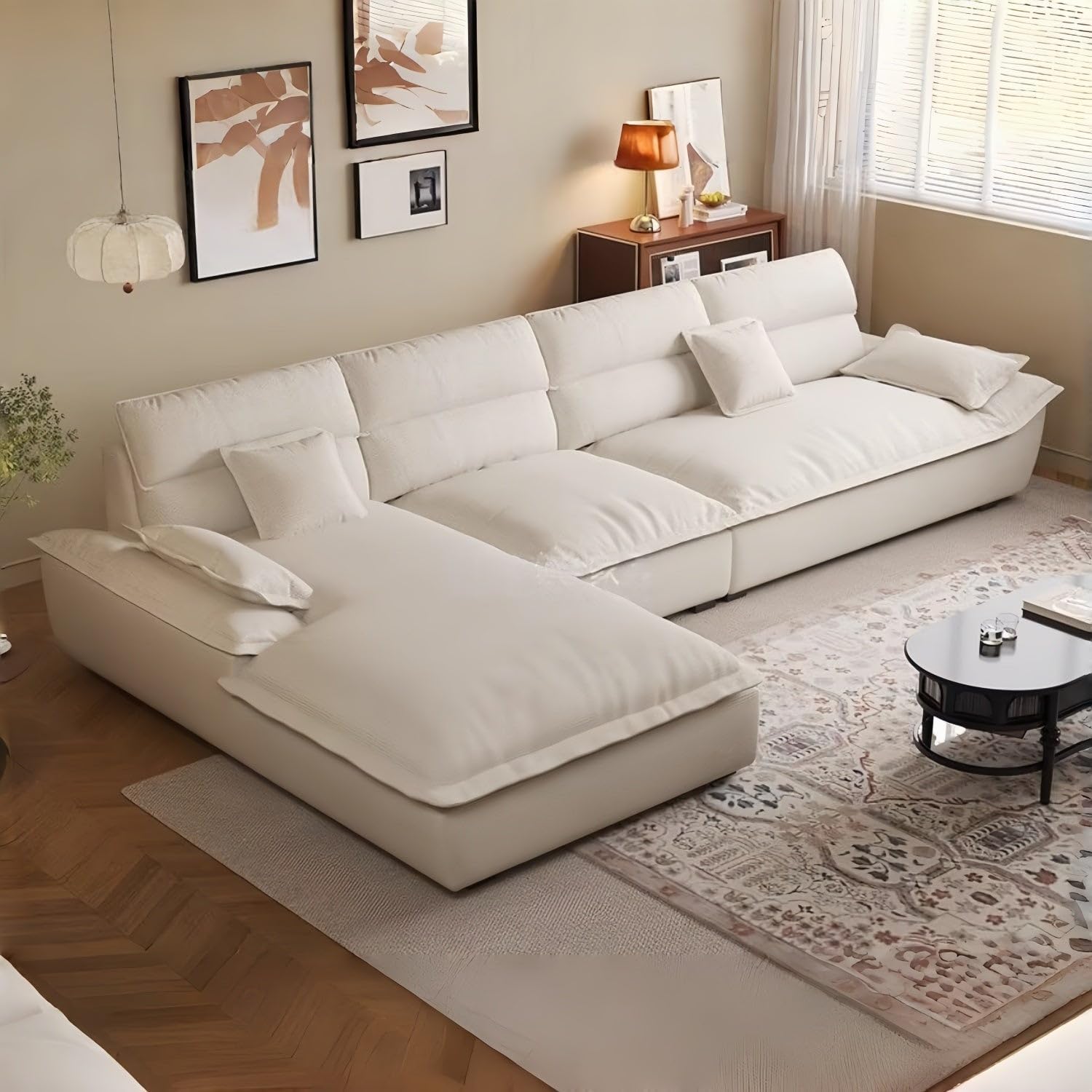 Cloud Multi L-Shape Sofa Set Off White Fabric Sectional Couch, Modern Curved Cloud Sofa with High Density Foam & Solid Wood Frame - Image 4