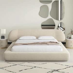 Fleece Beige Upholstered Bed Frame with Padded Headboard | Solid Wood Frame | Wooden Slats Support