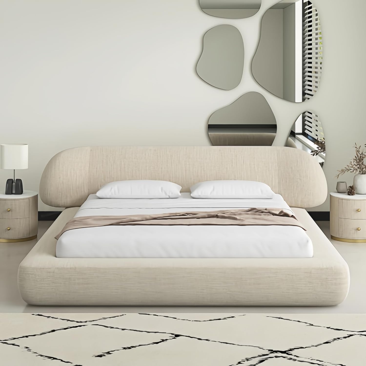 Fleece Beige Upholstered Bed Frame with Padded Headboard | Solid Wood Frame | Wooden Slats Support
