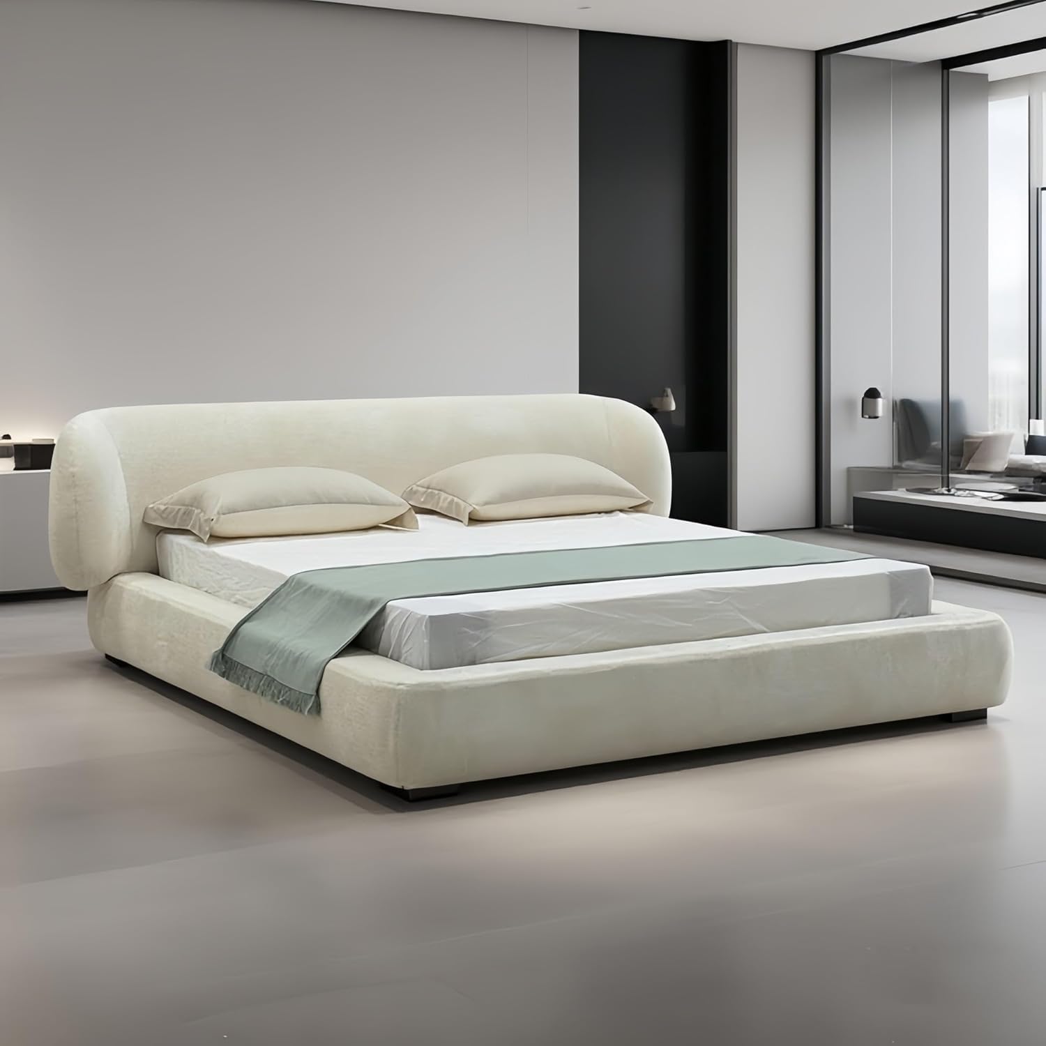 Fleece Beige Upholstered Bed Frame with Padded Headboard | Solid Wood Frame | Wooden Slats Support - Image 4