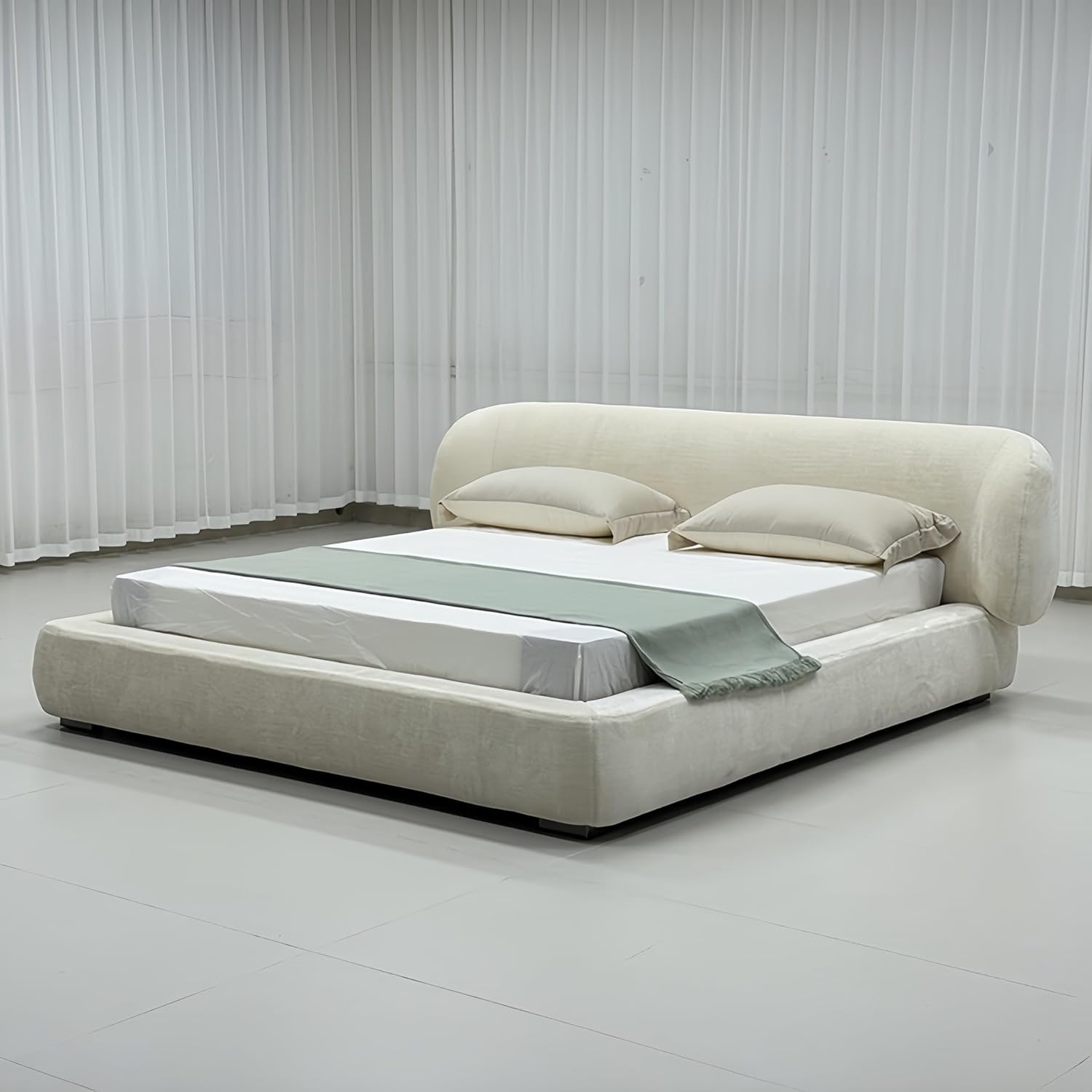 Fleece Beige Upholstered Bed Frame with Padded Headboard | Solid Wood Frame | Wooden Slats Support - Image 5