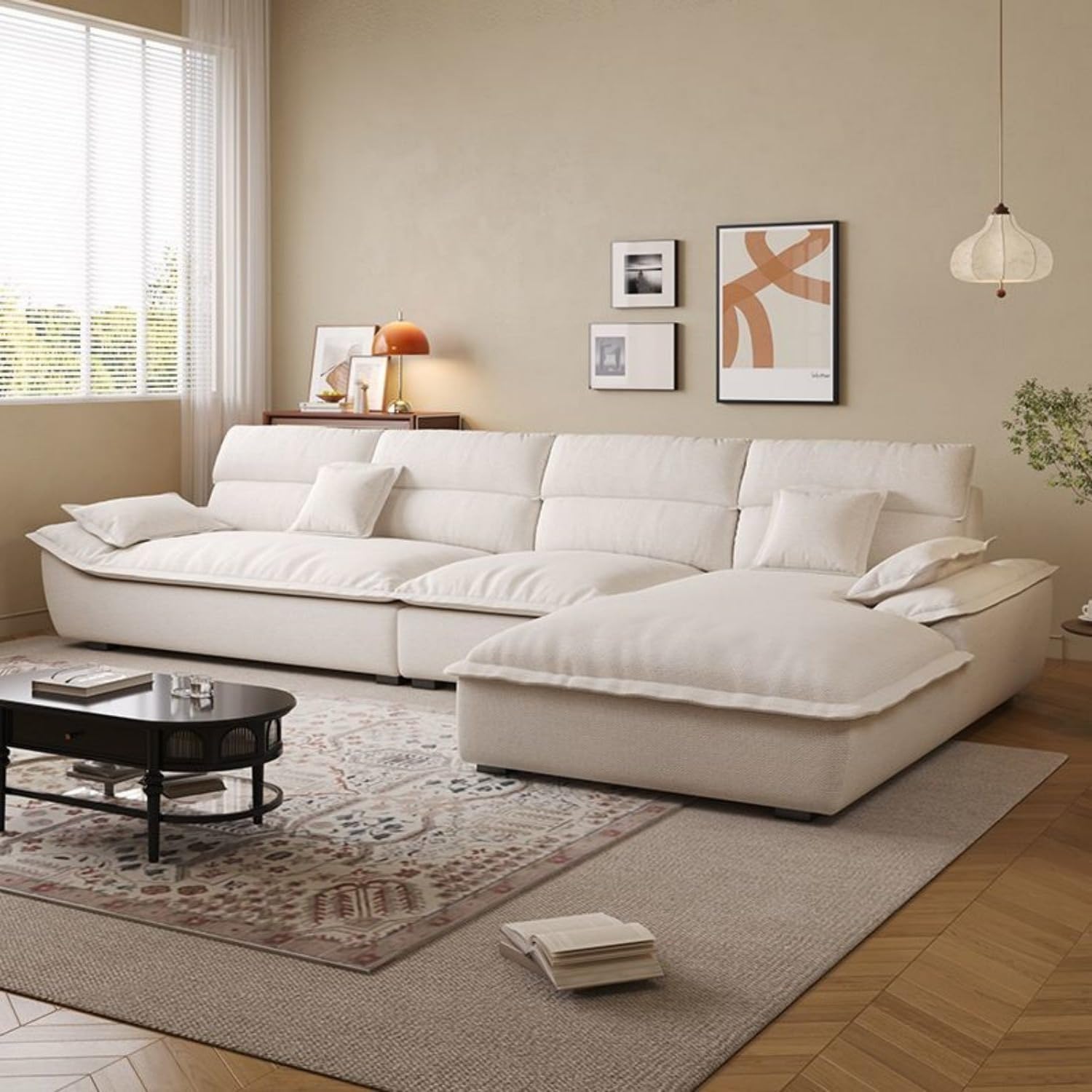 Cloud Multi L-Shape Sofa Set Off White Fabric Sectional Couch, Modern Curved Cloud Sofa with High Density Foam & Solid Wood Frame - Image 2