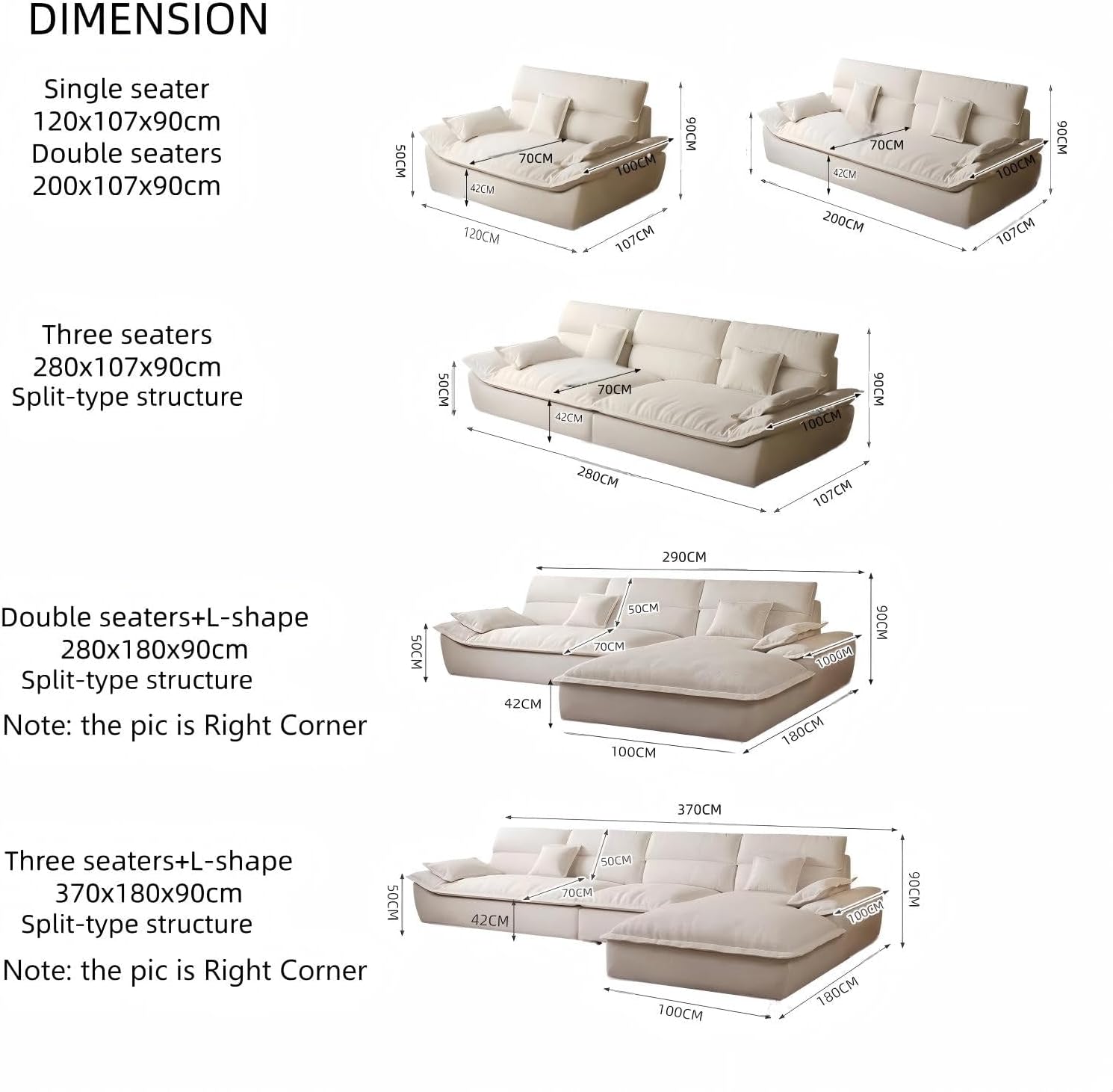 Cloud Multi L-Shape Sofa Set Off White Fabric Sectional Couch, Modern Curved Cloud Sofa with High Density Foam & Solid Wood Frame - Image 7