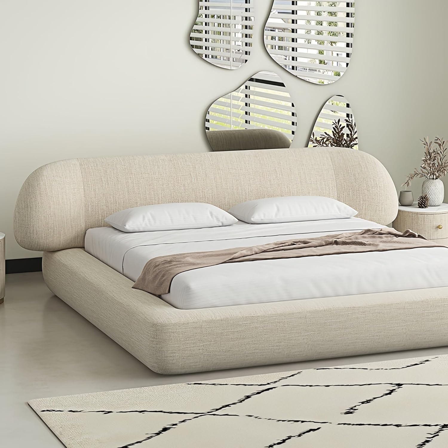 Fleece Beige Upholstered Bed Frame with Padded Headboard | Solid Wood Frame | Wooden Slats Support - Image 6