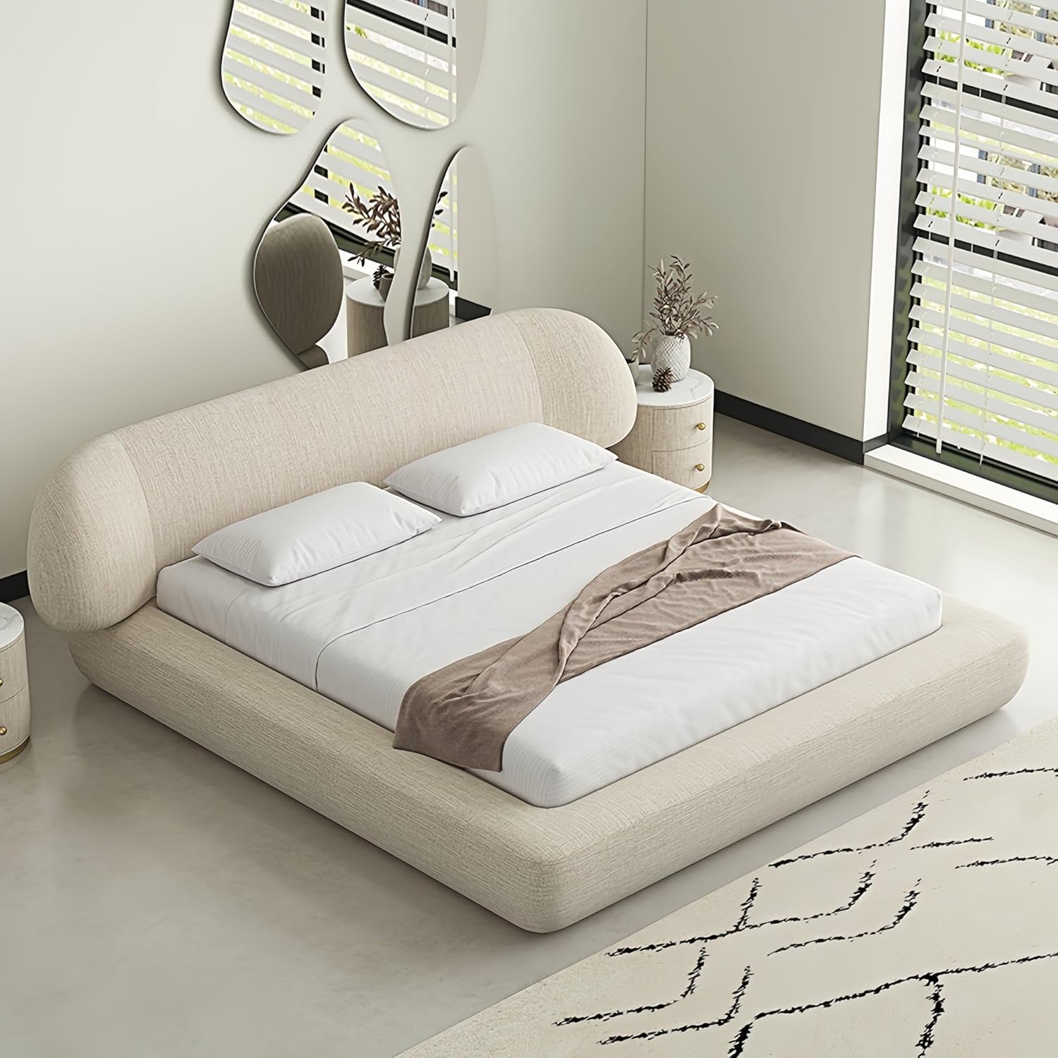 Fleece Beige Upholstered Bed Frame with Padded Headboard | Solid Wood Frame | Wooden Slats Support - Image 3